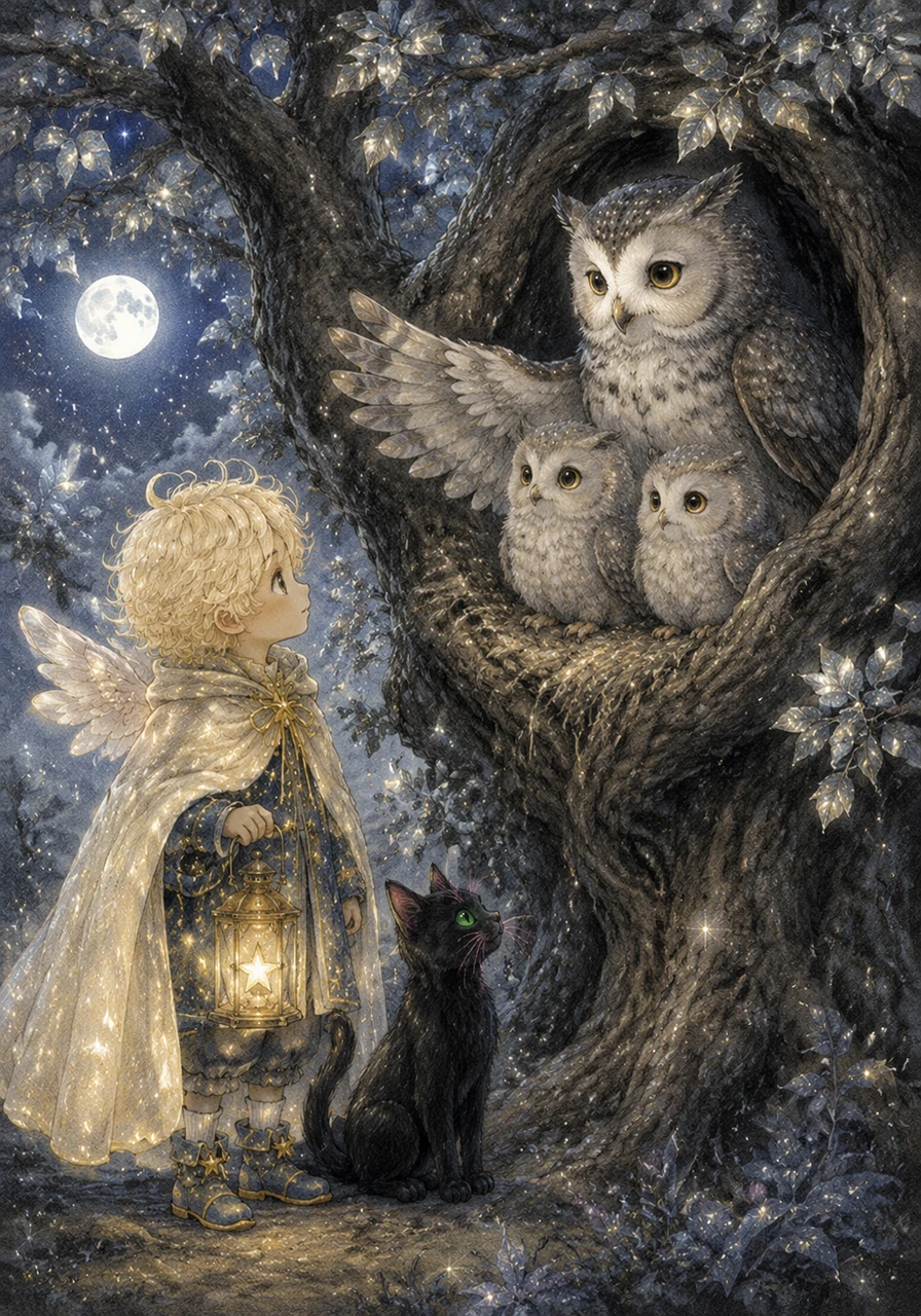 They reach an old, gnarled oak tree where a family of owls lives among the silver leaves. The owls offer to help, but explain that the wind tonight is too weak for Max’s small wings to carry him high enough.