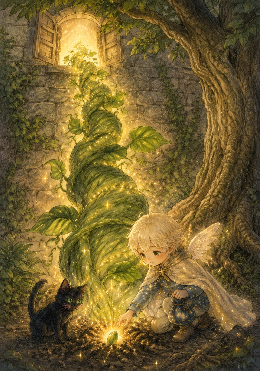Max remembers his bag of leaping seeds and plants one in the soft, damp earth near the tree's roots. Within seconds, a massive, glowing beanstalk begins to spiral upward, reaching toward the open window.