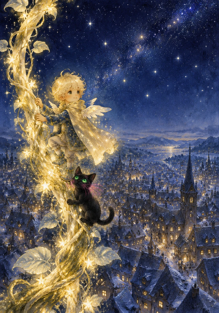 As they climb the glowing vine, Max and Luna see the world from a breathtaking height, overlooking the sleeping town. The rooftops are dusted with silver frost, and the stars seem close enough to touch.