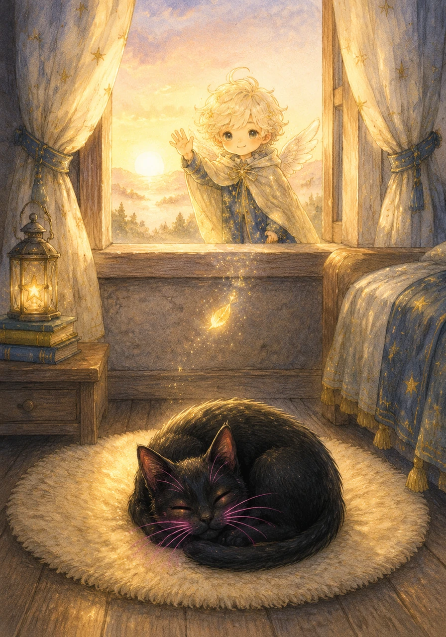 Max waves goodbye from the window as the sun rises, turning back into a flicker of light among the morning mist. Luna curls up on the rug, purring softly, knowing that magic is real and sometimes it falls right out of the sky.
