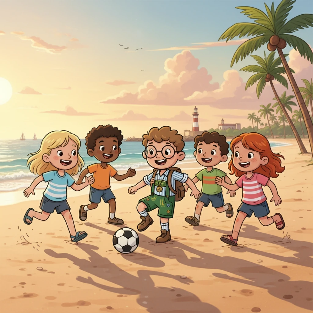 Na praia de Porto da Barra, Klaus encontrou um grupo de crianças jogando futebol. Ele se juntou à brincadeira e, em pouco tempo, fez novos amigos. Eles riram, jogaram e compartilharam histórias, construindo laços de amizade.