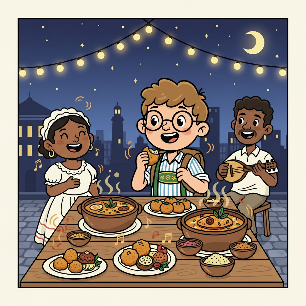 Em uma noite estrelada, Klaus experimentou a culinária baiana. Ele provou acarajé, moqueca e outras delícias, sentindo o sabor exótico e picante dos temperos. A comida, a música e a companhia tornaram aquela noite memorável.