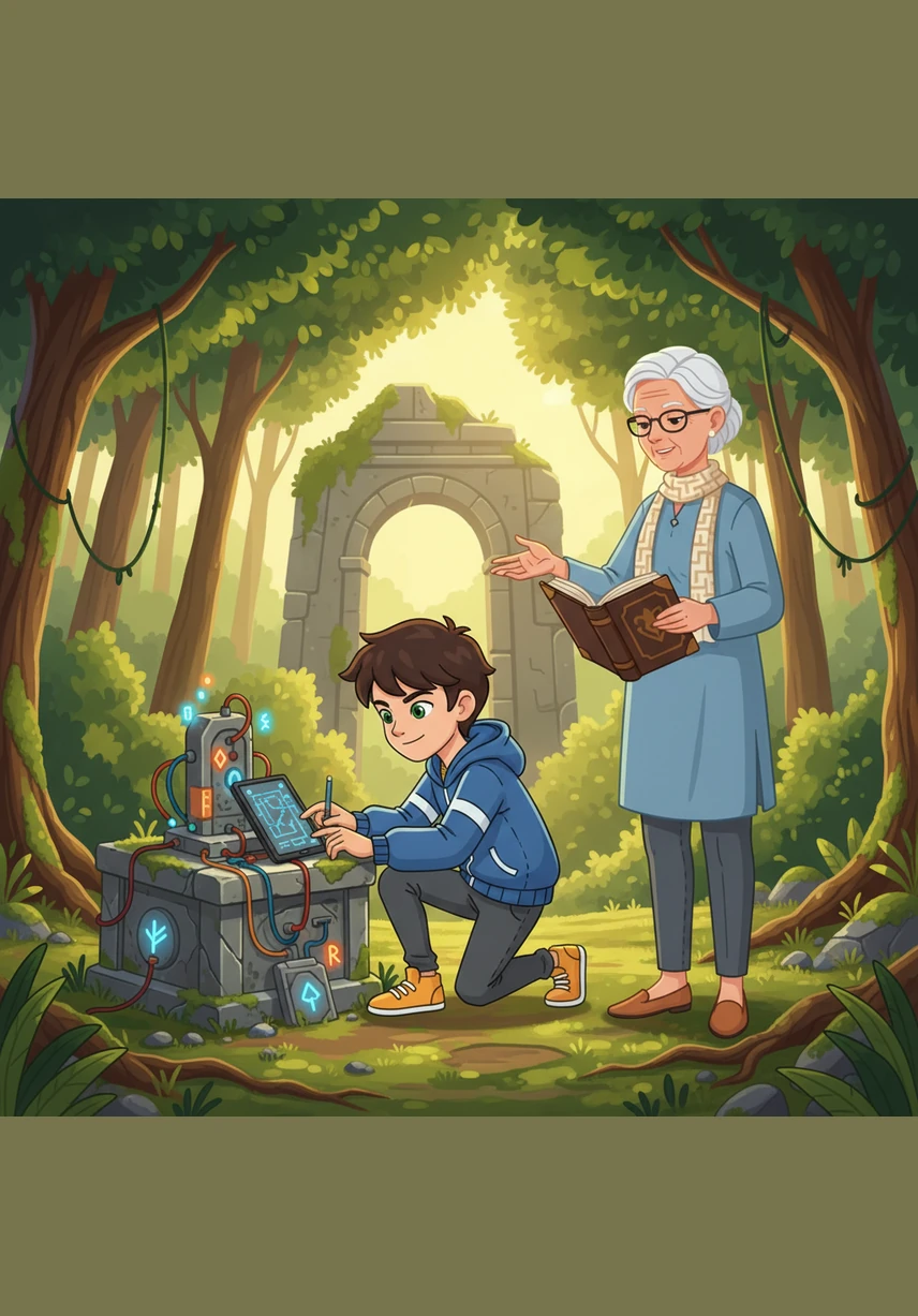 Leo is playing happily in the sun-drenched park, running through the soft green grass near a giant, ancient oak tree. Suddenly, something bright and shiny catches his eye, sparkling like a tiny star hidden in the clover.