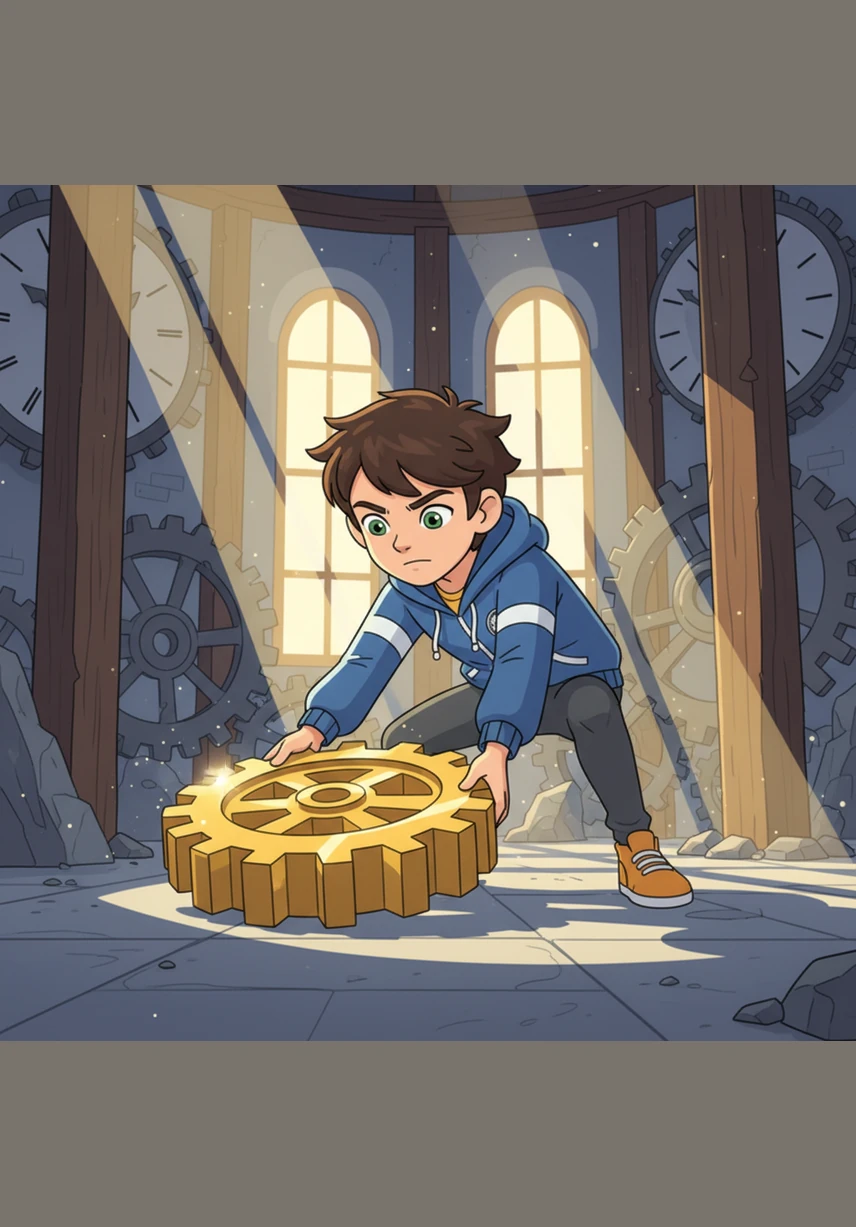 He reaches down and picks up a heavy, polished gold coin that feels warm in his hand. Leo stares at the beautiful carvings on the coin, his heart racing with excitement at finding such a treasure.