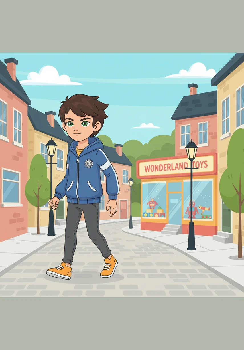 As he walks toward the toy store, Leo imagines all the wonderful things he could buy, like a bright red kite or a giant box of sweets. He tucks the coin safely into his pocket, but it feels heavier than it should.