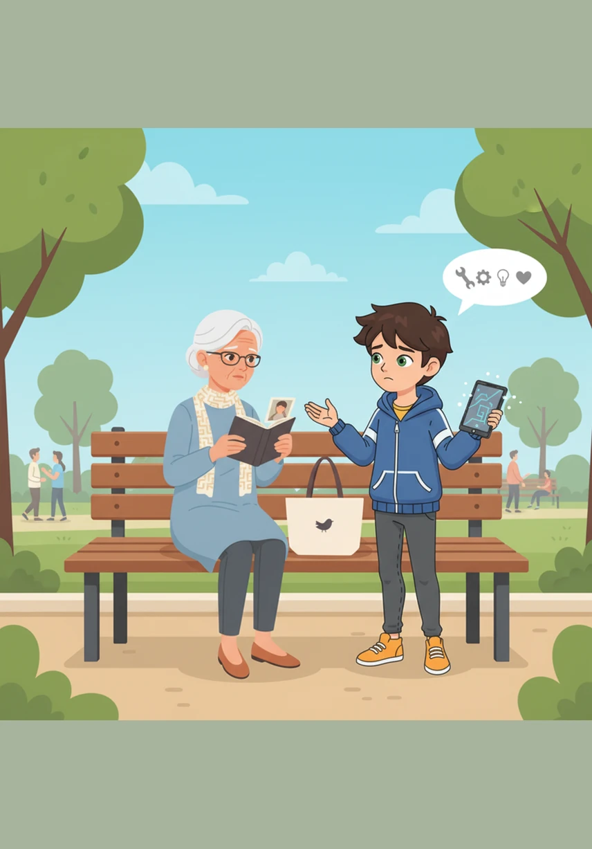 Near a wooden park bench, Leo notices an elderly woman looking distressed as she searches carefully through the grass. She looks sad and worried, whispering to herself about something precious she has lost.