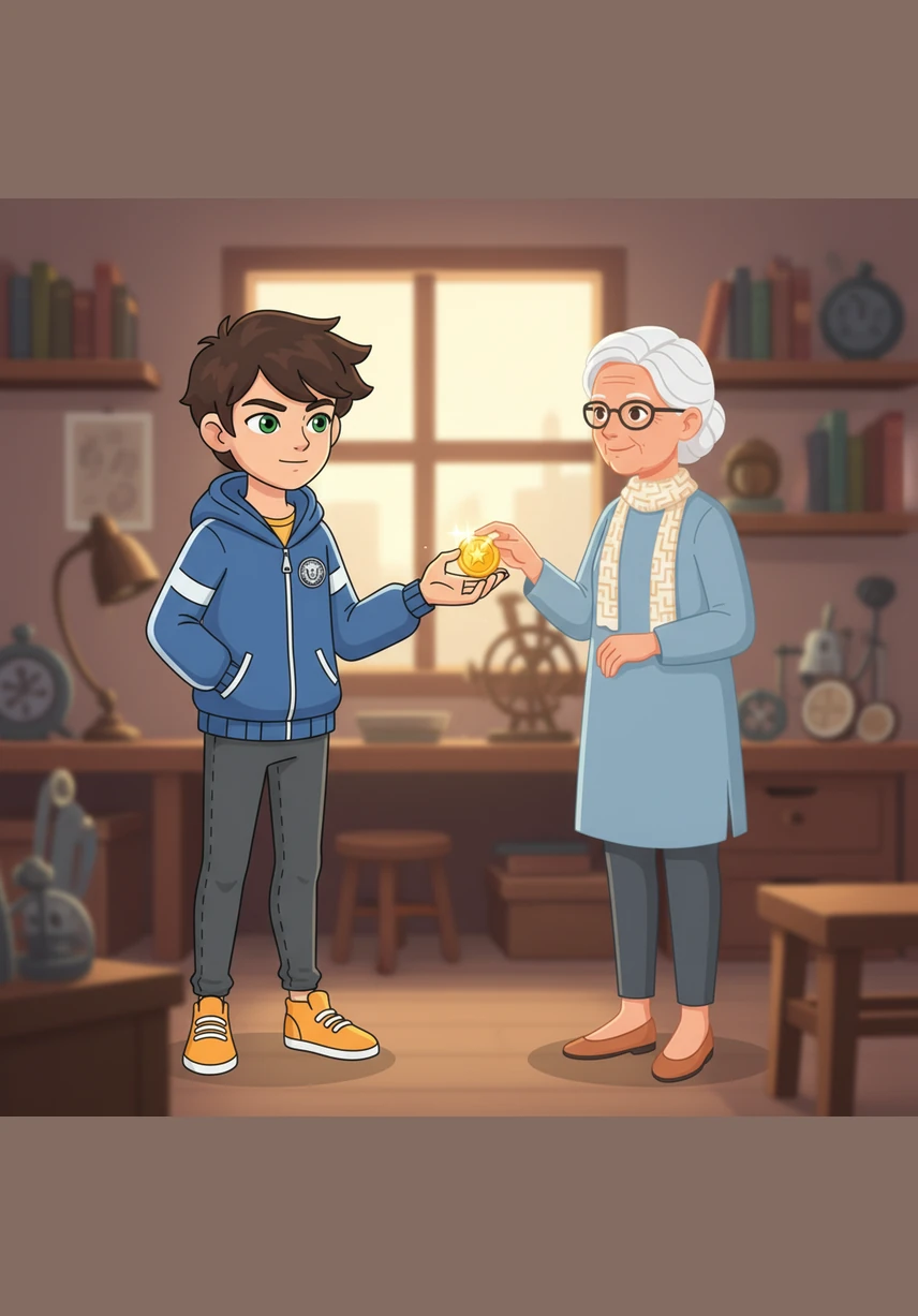 Taking a deep breath, Leo walks over to the kind-looking lady with a determined look on his face. He reaches into his pocket and pulls out the shining gold coin, holding it out for her to see.