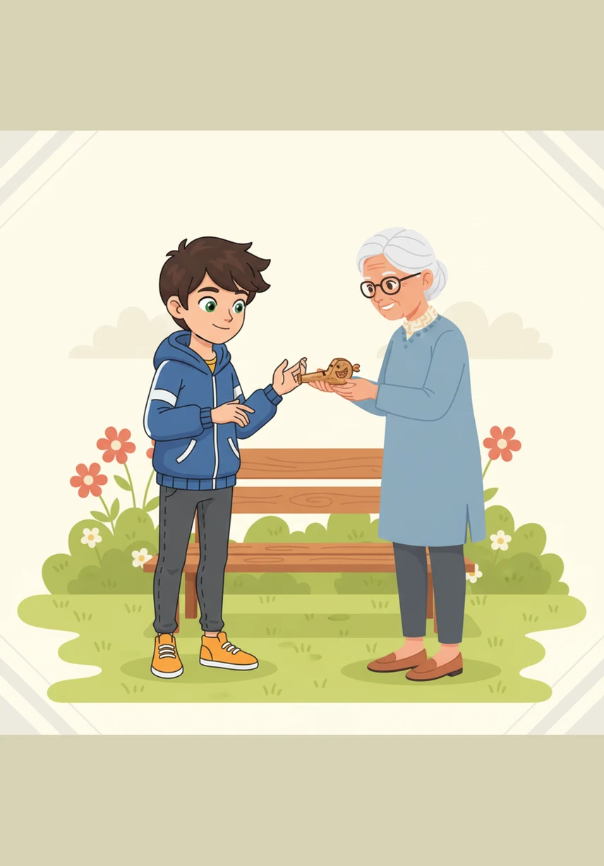 To show her gratitude, the lady gives Leo a small, hand-painted wooden whistle she carved herself. Leo realizes that he made a new friend and kept his heart clean, which makes him feel like the richest boy in the world.