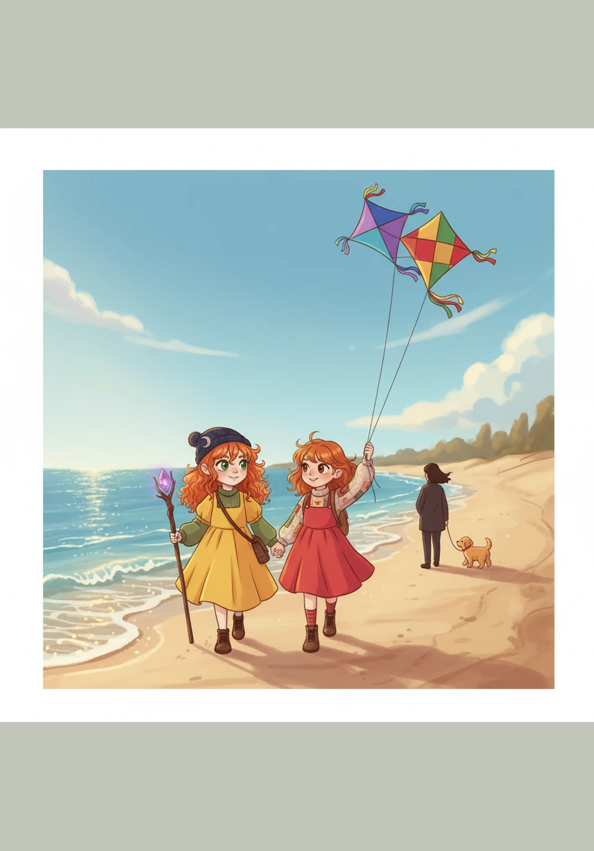 Sia in her bright yellow frock and Ria in her vibrant red frock walk hand-in-hand toward the shimmering sea. High above, two colorful kites dance in the warm breeze while a playful puppy trots along the shore with its owner.