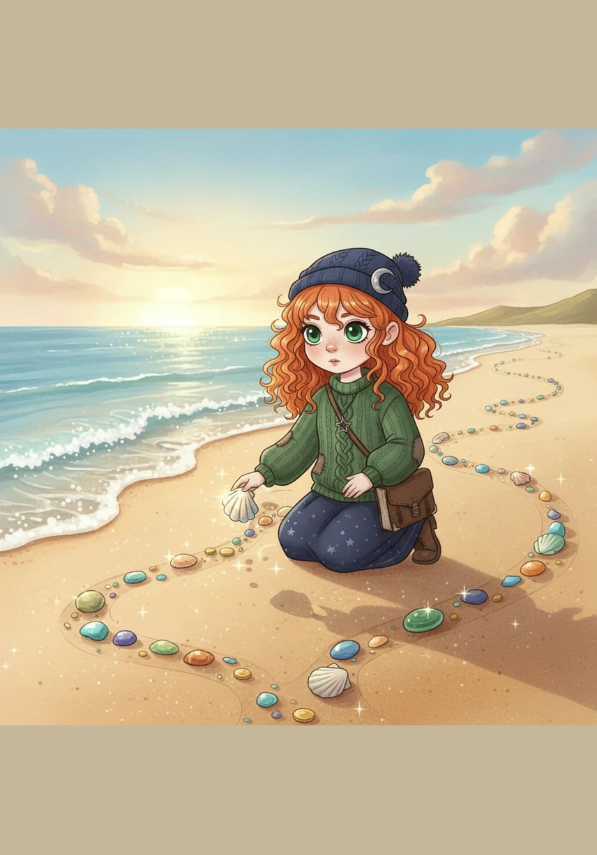The girls stop to explore the sparkling shoreline where the retreating waves have left behind a trail of treasures. They find tiny, iridescent seashells tucked into the wet sand like hidden gems waiting to be discovered.