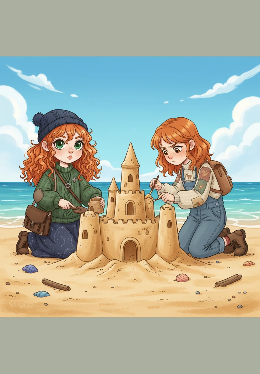 With focused expressions, Sia and Ria work together to build a magnificent sandcastle decorated with seaweed flags. The golden light of the setting sun makes their sandy creation look like a glowing palace.