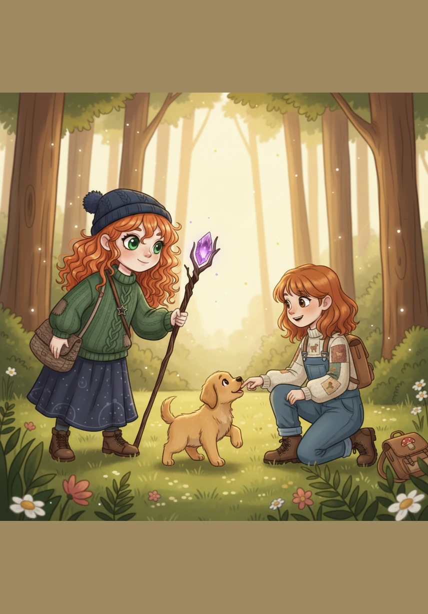 The curious puppy from earlier bounces over, its tail wagging excitedly as it greets the two sisters. Ria giggles and reaches out to pat its soft fur while Sia watches the puppy’s owner wave from a distance.