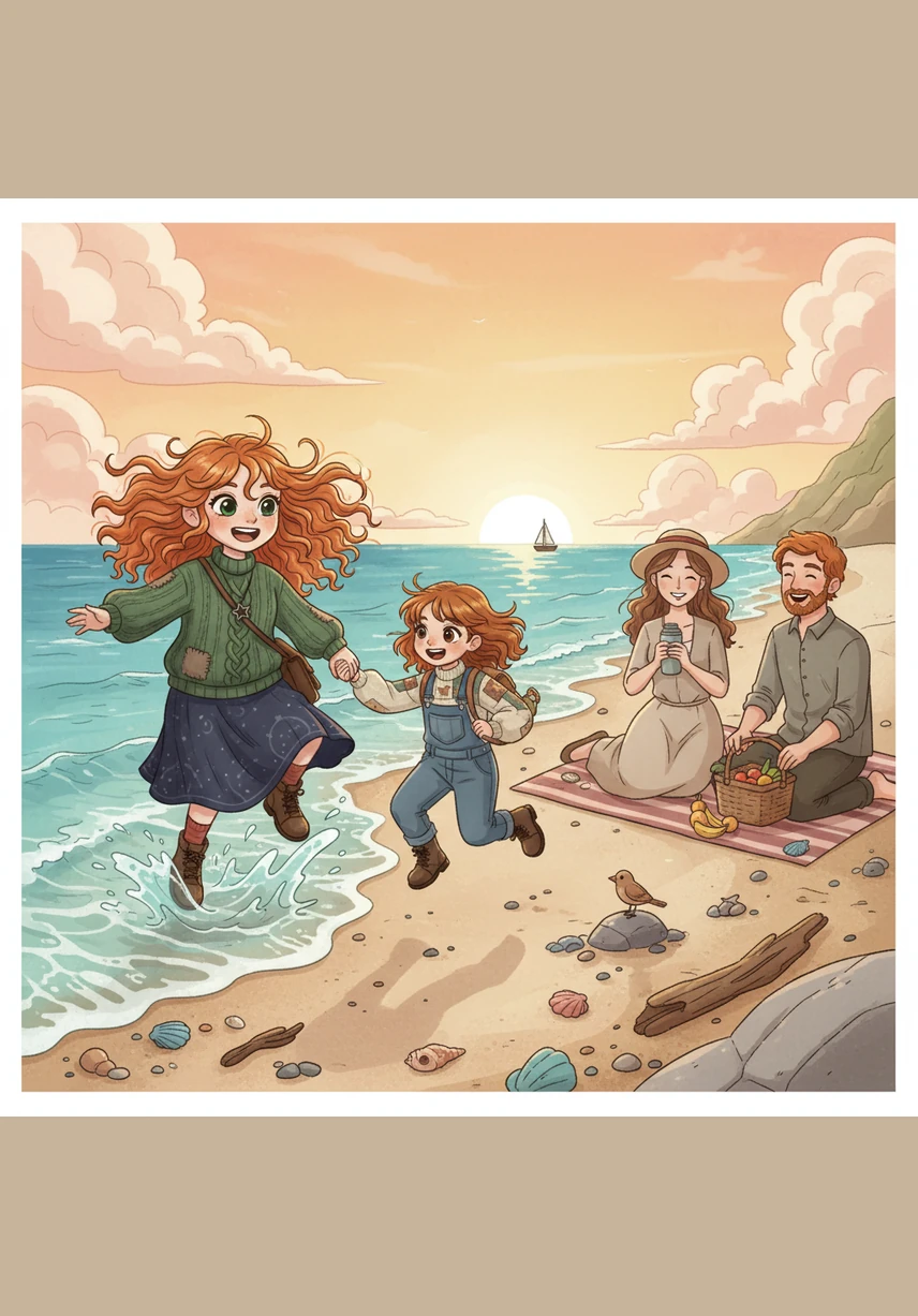 The sisters venture closer to the water's edge, letting the cool, foamy waves tickle their toes. The sea feels refreshing and makes them laugh as the water splashes against their colorful frocks.