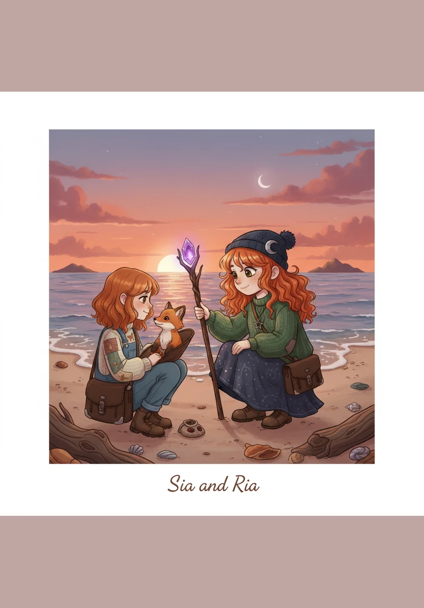 Using a piece of driftwood, Sia carefully carves their names into the dark, wet sand near the water. Ria adds a big heart around the names just before a gentle wave washes over the edges.