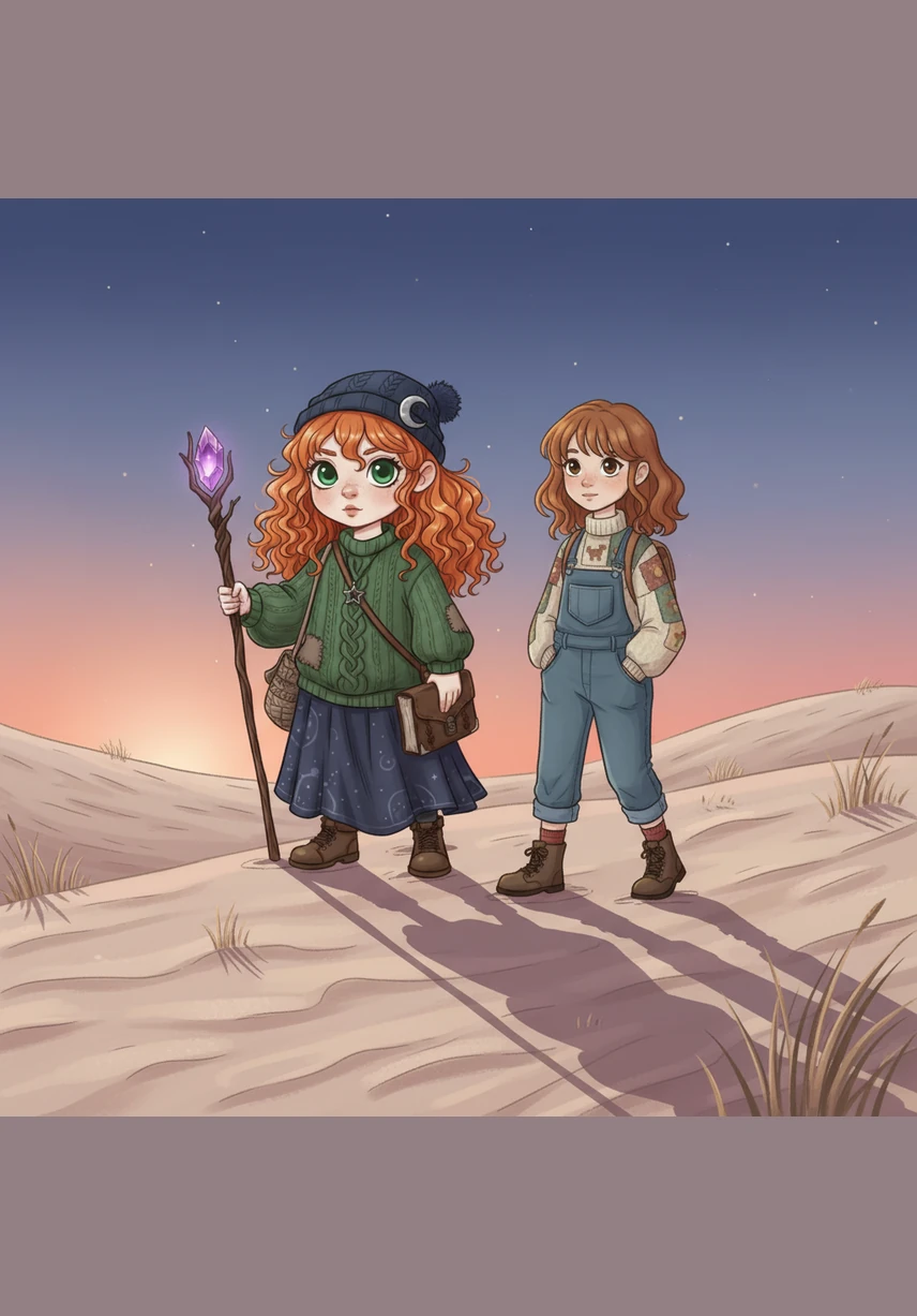 Carrying their favorite shells in their pockets, the two girls begin their walk back across the cooling dunes. Their shadows stretch out long and thin behind them as the first few stars start to twinkle above.