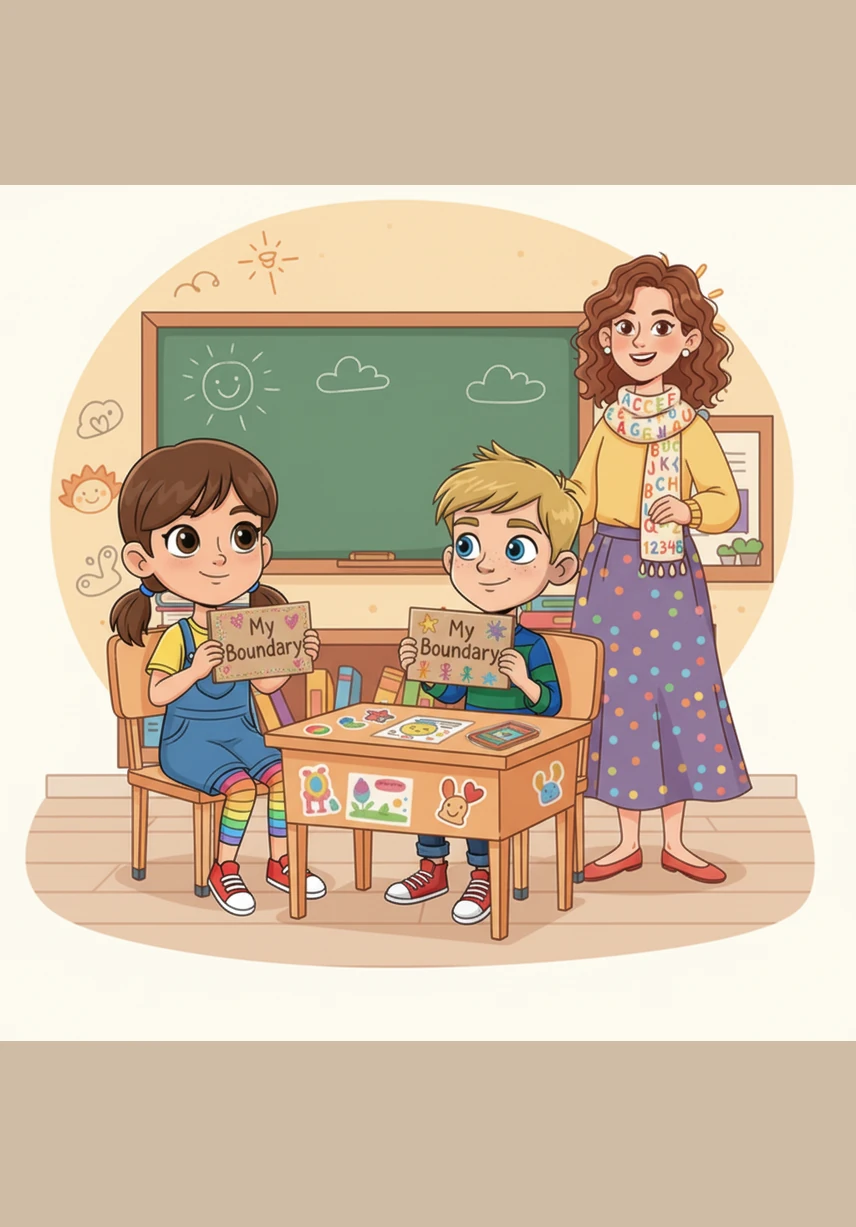 Inside a bright and cozy classroom, Maya and her friend Leo sit together at a wooden desk decorated with colorful drawings. They are both holding small, hand-painted signs that say My Boundary, smiling as they learn about the importance of respecting each other's space.