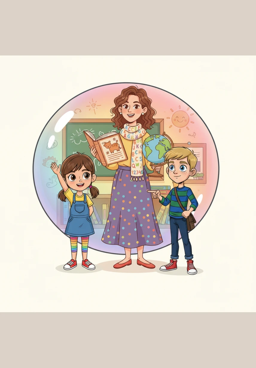 Their teacher uses a soft wand to blow real bubbles, explaining that everyone has an invisible bubble around them that makes them feel safe and comfortable. Maya listens intently, imagining her own translucent shield of light that keeps her happy and secure.