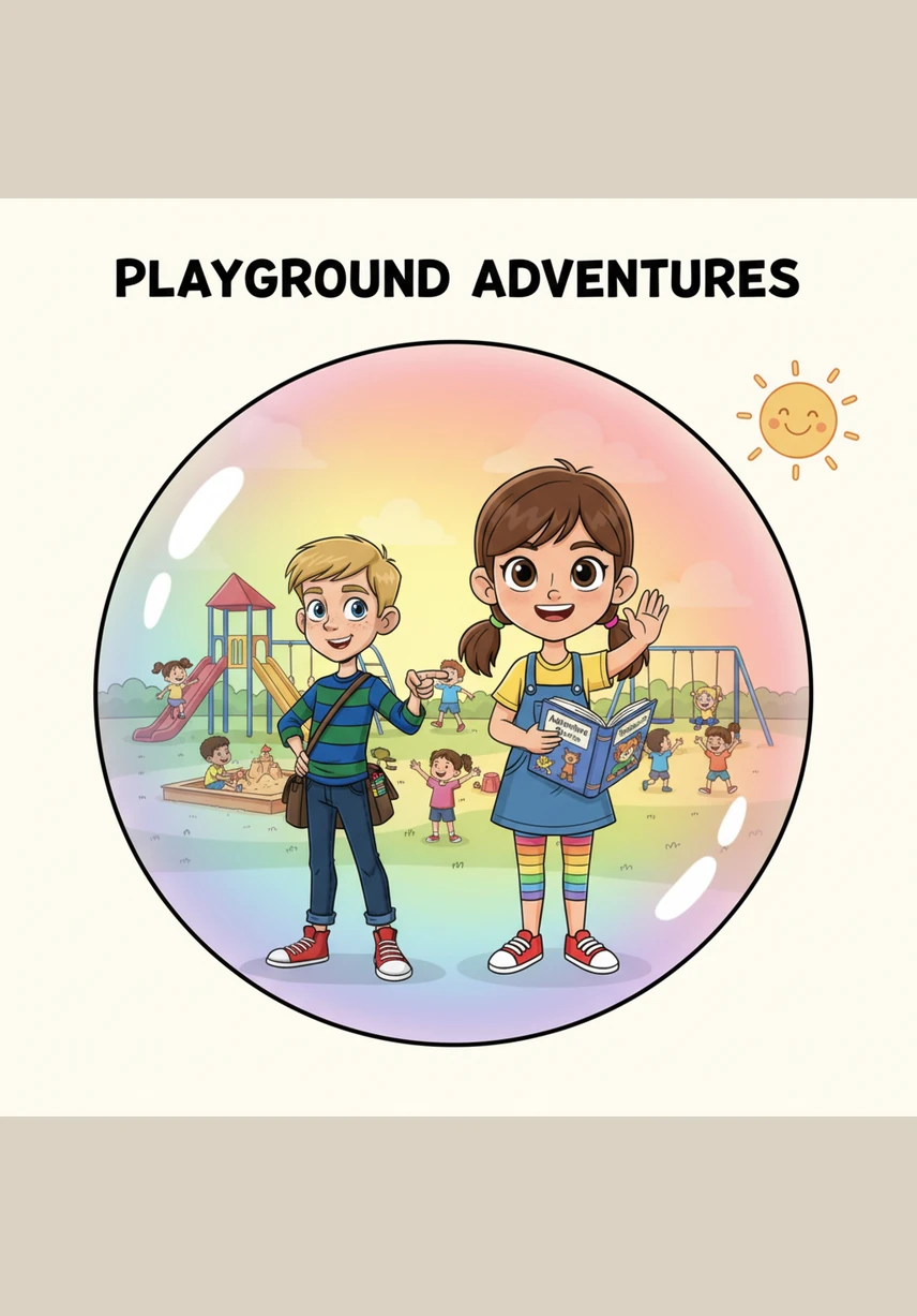 During recess, the playground is filled with laughter as children run and play under the warm afternoon sun. Maya and Leo are building a tall block tower together, enjoying their friendship while giving each other plenty of room to move and create.