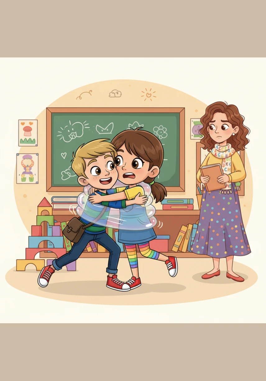 Suddenly, Leo gets very excited about their finished tower and rushes over to give Maya a big, tight hug without asking her first. Maya’s eyes go wide with surprise as her invisible bubble feels squeezed, and she starts to feel a little bit uncomfortable and trapped.