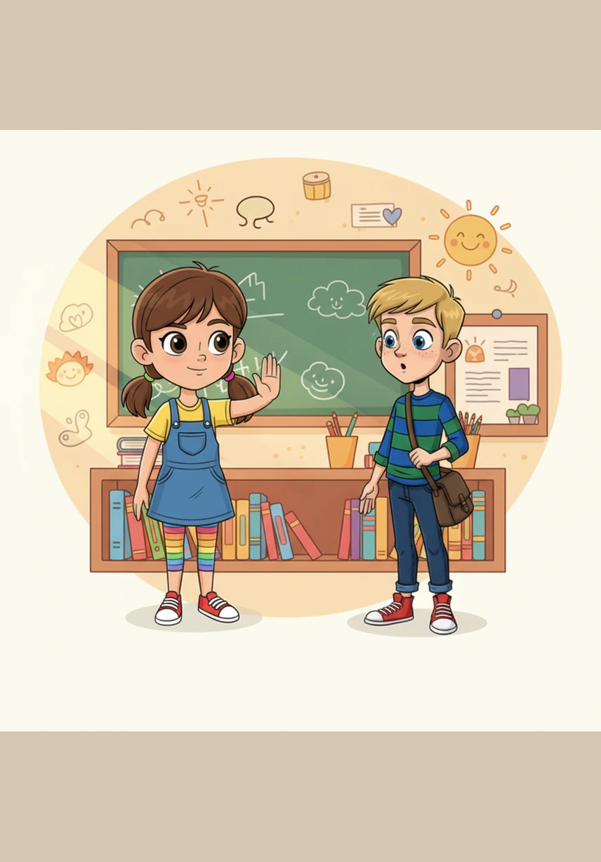 Leo stops immediately and takes a step back, realizing that he forgot to check if Maya wanted a hug in his excitement. He looks at Maya with a kind and apologetic expression, understanding that being a good friend means listening to and respecting her boundaries.