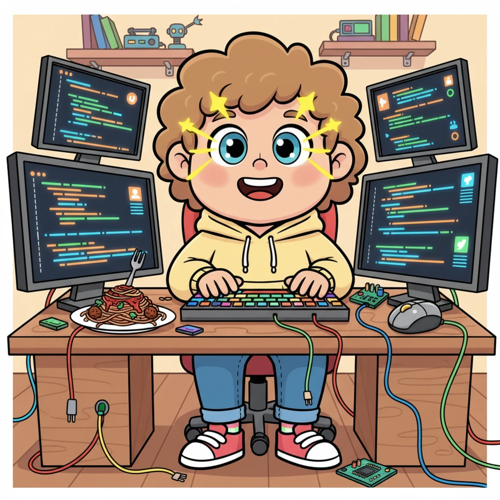 Mayo, a boy with a cheerful grin and a mop of curly brown hair, sits happily surrounded by blinking computer screens and wires. A half-eaten plate of delicious spaghetti bolognese rests on his desk, his favorite fuel for coding adventures. He taps away at a keyboard, a bright idea sparkling in his eyes.
