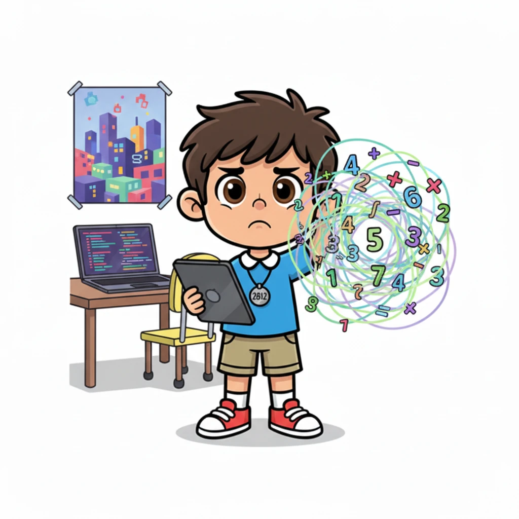Later, Mayo scratches his head, a little frown creasing his brow as he stares at a daunting math problem on his school tablet. Numbers swirl confusingly on the screen, a stark contrast to the elegant logic of his programming code. He sighs, wishing math was as fun as building digital worlds.