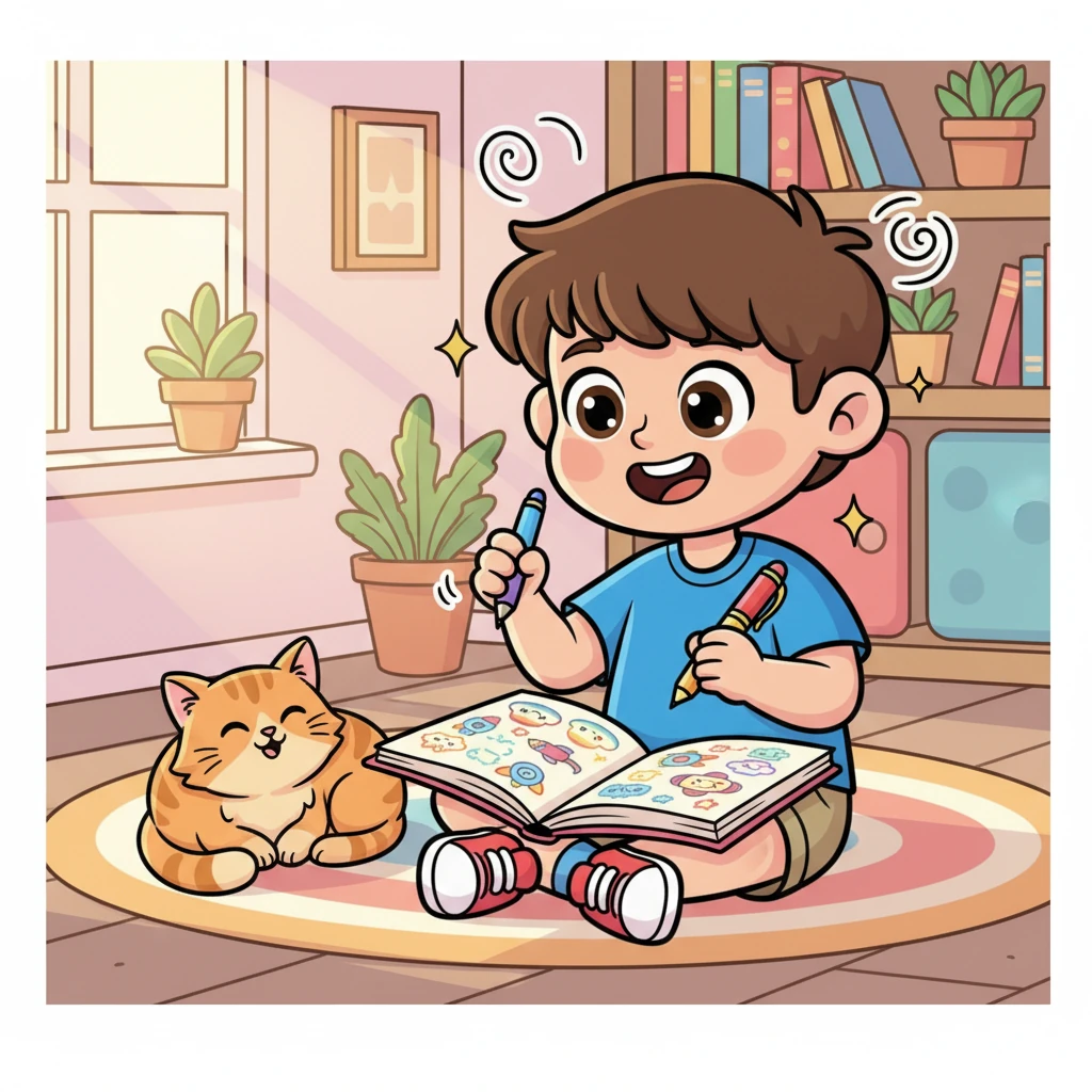 Inspired, Mayo pulls out a notebook and a colorful pen, his mind buzzing with ideas for his own sales business. He sketches whimsical diagrams of apps and gadgets, envisioning how they could help people and bring his dreams to life. His pet cat, curled up nearby, seems to nod in agreement.