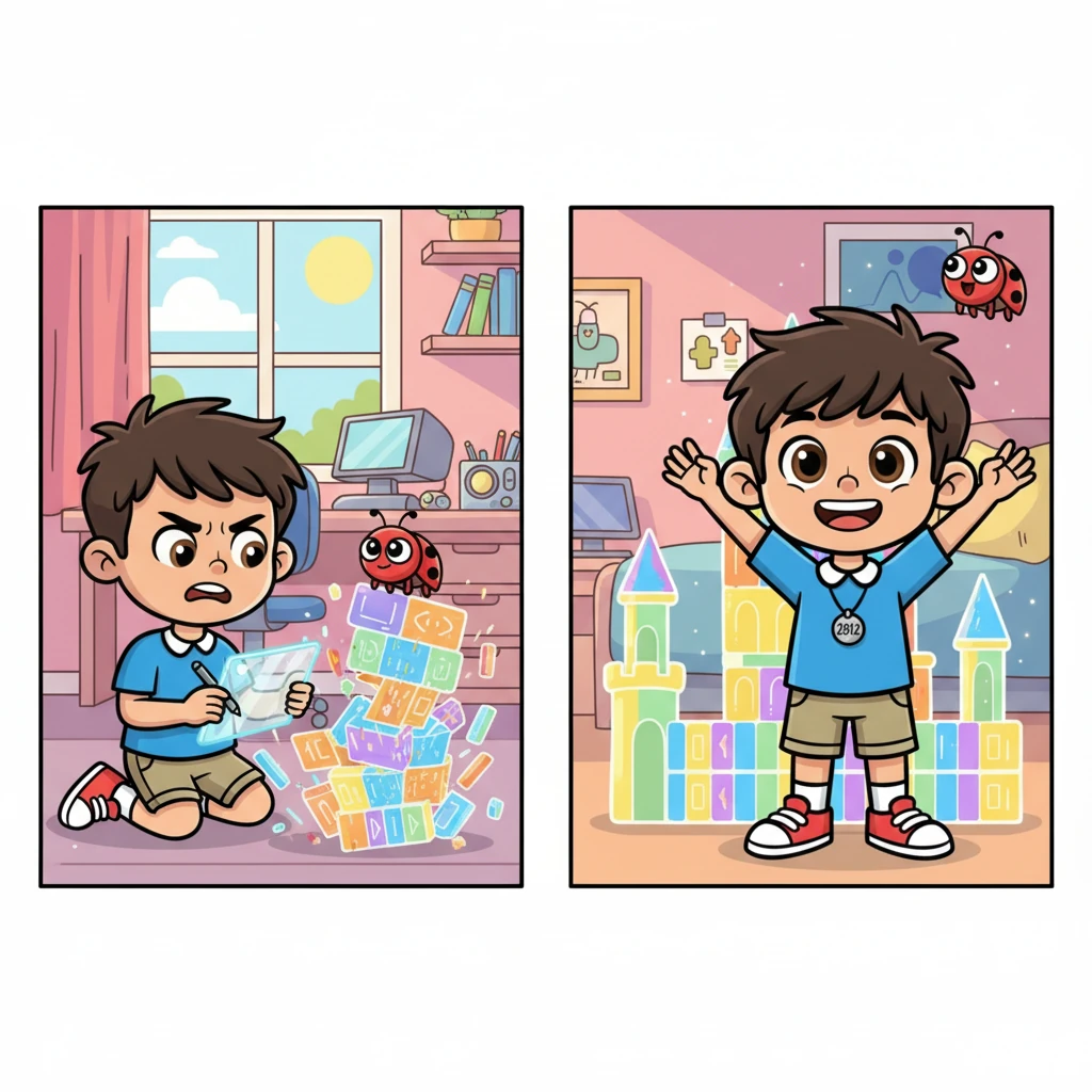 One afternoon, a stubborn bug frustrates Mayo, making his code glitch and tumble like a tower of blocks. His brow furrows, but he doesn't give up. After carefully tracing lines and testing new solutions, he finally fixes it, a triumphant grin spreading across his face.