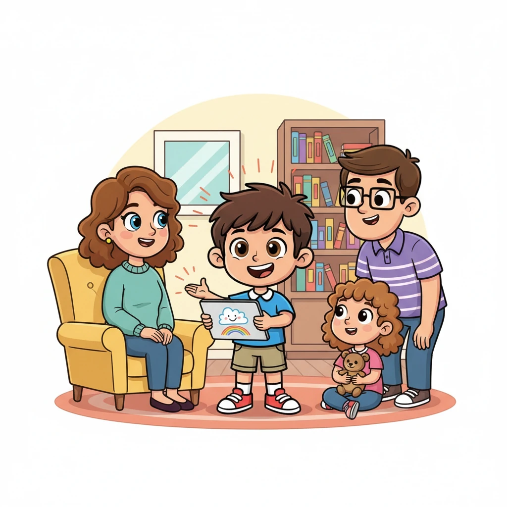 Mayo proudly presents his first simple app idea to his family, demonstrating its features with enthusiastic gestures. He practices his sales pitch, explaining how it works and why it's useful, his voice filled with passion and a touch of youthful charm. His family listens, captivated.