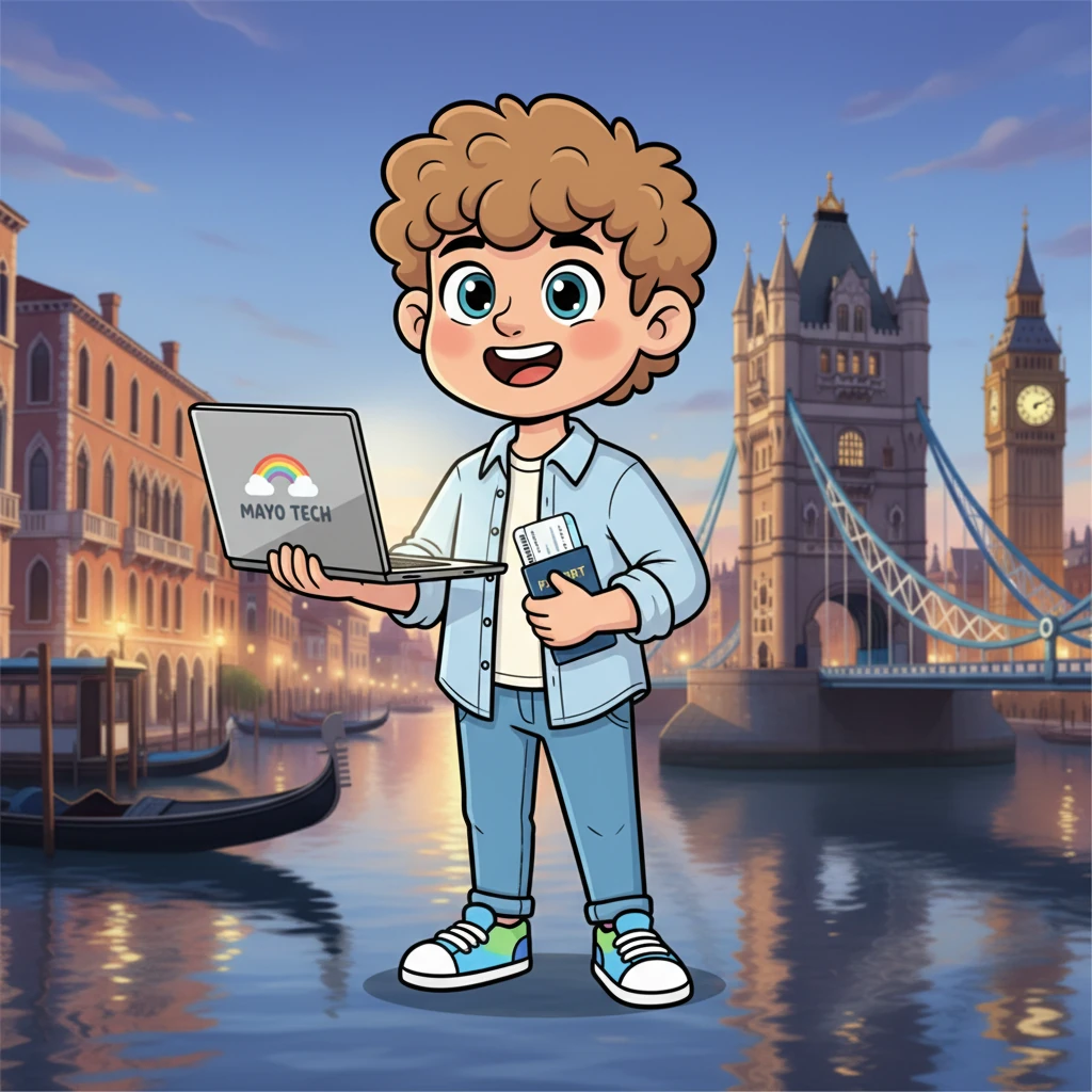 Years later, a confident Mayo stands tall, his curly hair still bouncy, now with a sleek laptop bearing the logo "Mayo Tech." In the blurred background, iconic landmarks of Venice and London twinkle, symbols of his successful business and fulfilled travel dreams. He smiles, ready for his next adventure.