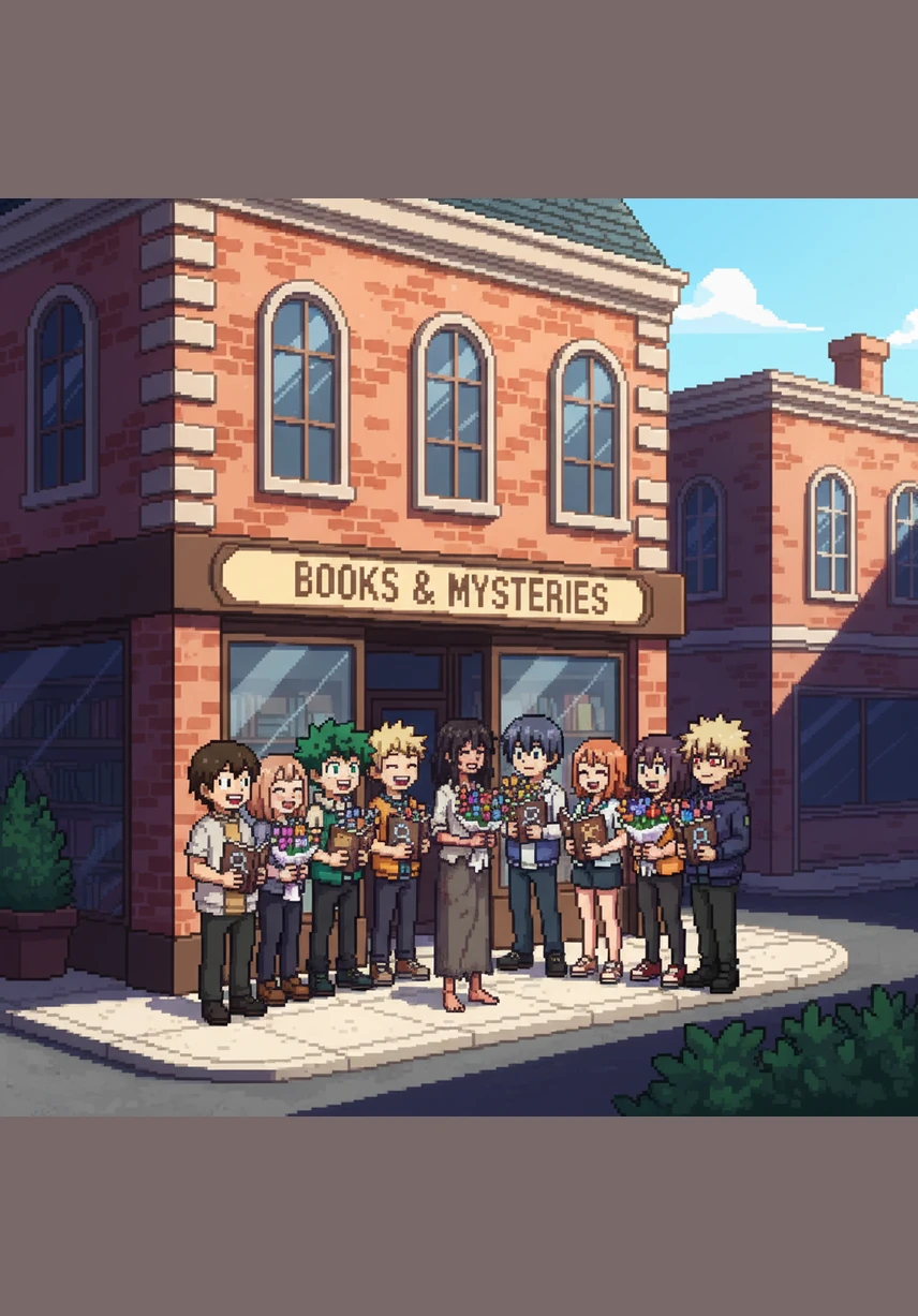 The sun shines brightly on the bookstore where Class 1-A and Aizawa gather, holding colorful bouquets and copies of Kiara’s new mystery book. Everyone is smiling and laughing, unaware of the shadows lurking just around the corner.