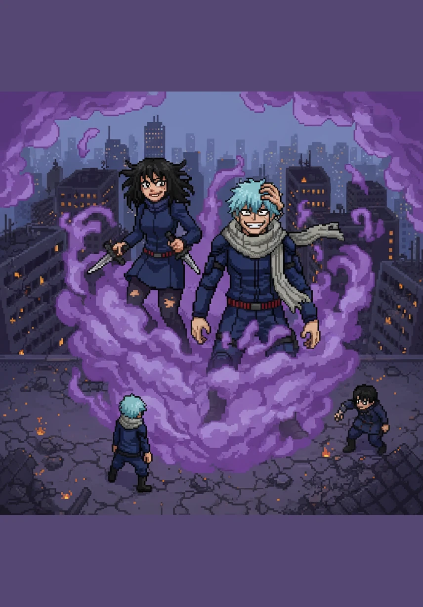 High above the city, Shigaraki and Vanera Toga-Todoroki look down with cold smiles as Kurogiri’s purple mist begins to swallow the villains whole. They leave behind a trail of destruction, mocking the heroes who arrived just moments too late.