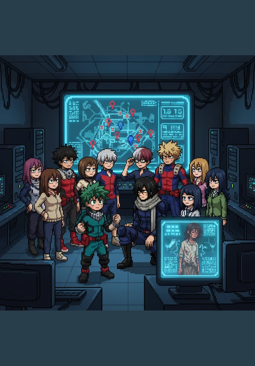 In the dark war room of U.A. High, the students of Class 1-A stand before a digital map, their faces glowing in the blue light of the screens. They are determined to save Kiara, their costumes on and their spirits high despite the looming danger.