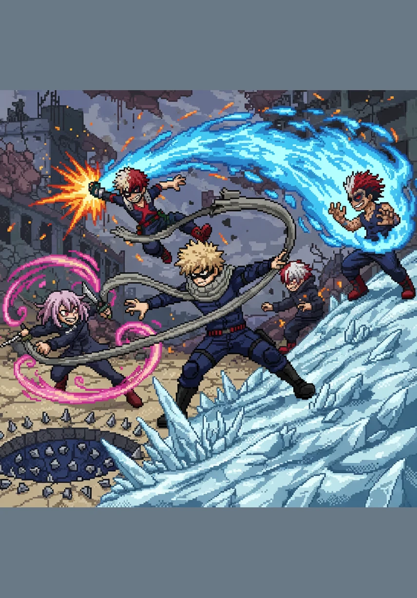 Explosions and ice fill the air as Bakugo and Todoroki lead the charge against Dabi and Himiko Toga. Amidst the chaos, Aizawa uses his capture scarf to pull his students back from the brink of dangerous traps.