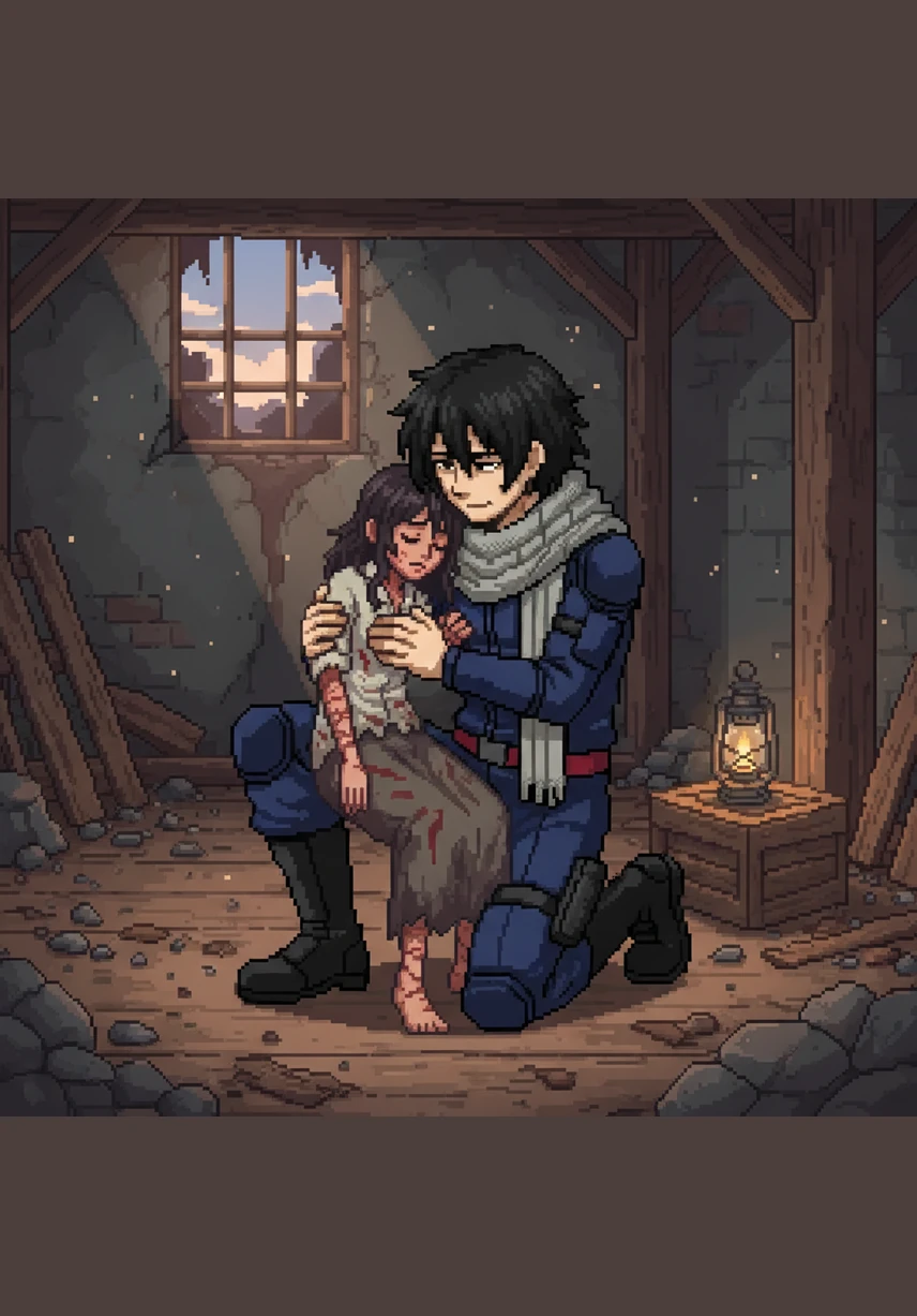 Aizawa kneels beside Kiara, his expression soft and concerned as he carefully lifts her into his arms. The students gather around, their usual energetic chatter replaced by a heavy, respectful silence for their hurt friend.