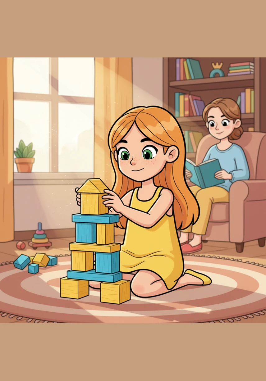 Lily sat on the soft rug, her hands busy stacking bright blue and yellow blocks into a shimmering tower. Her eyes sparkled with every new level, and she was so focused on her masterpiece that the world around her seemed to fade away.