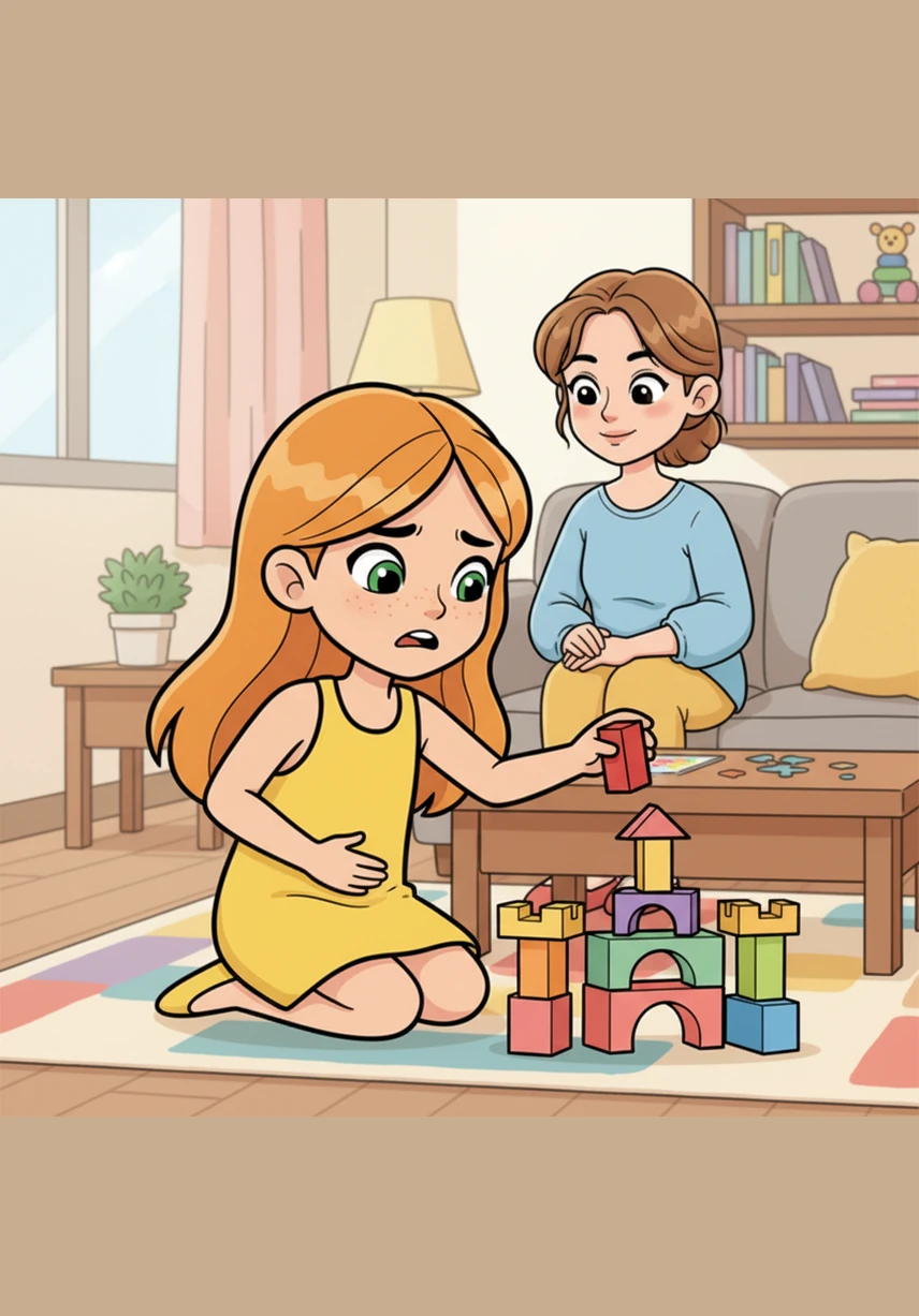 Suddenly, a little wiggle started in her tummy, a gentle tap-tap-tap telling her it was time to visit the bathroom. But Lily shook her head and squeezed her legs together, determined to finish the grand balcony of her block castle first.