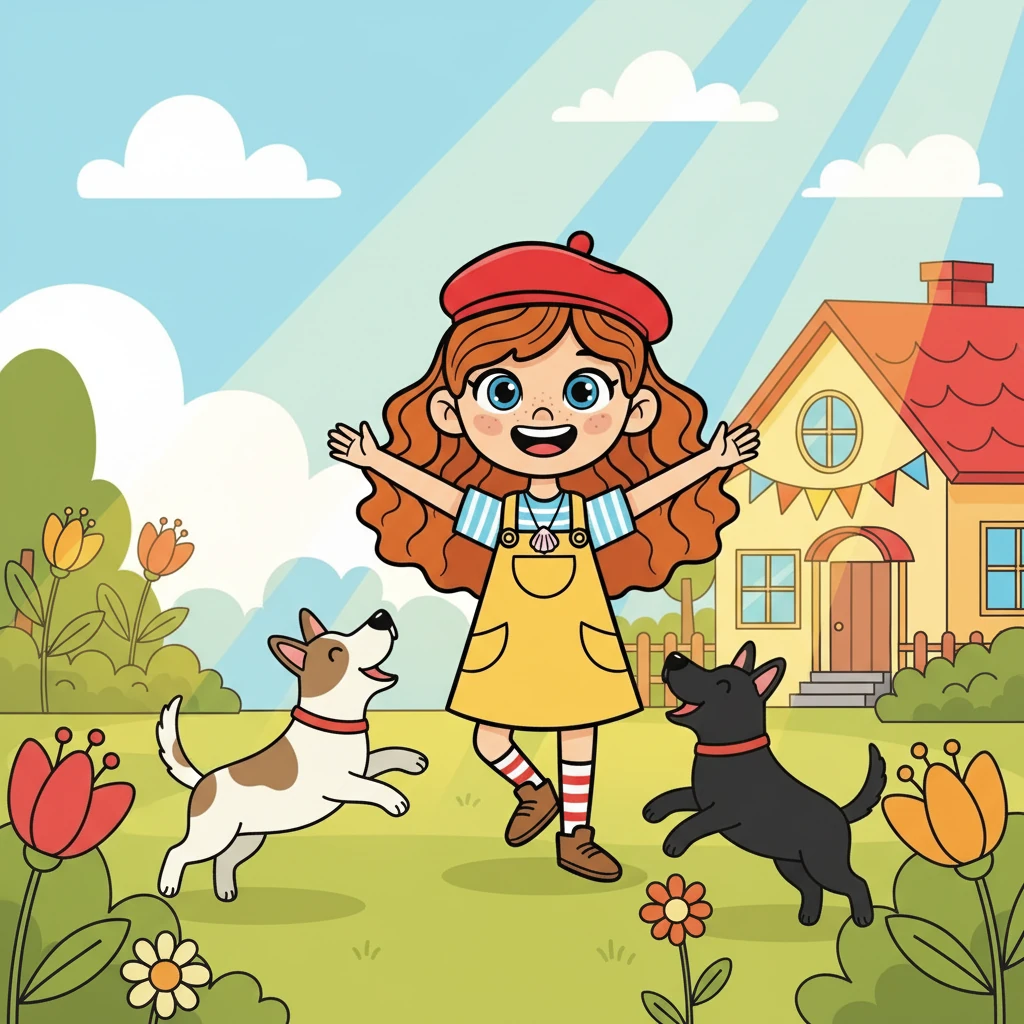 Un matin ensoleillé, Nejoua se réveilla avec une grande excitation. C'était son anniversaire ! Elle courut dehors, impatiente de voir ce que la journée lui réservait. Ses deux chiens, un blanc et bringé et un noir, aboyaient joyeusement, heureux de la fête.