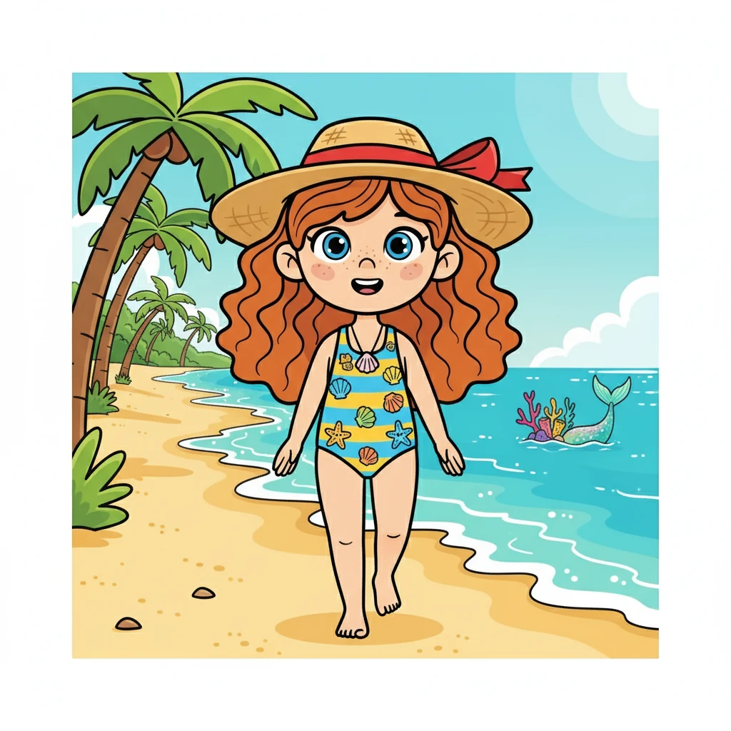 Sous le soleil tropical, Nejoua se dirigea vers la plage de Trou d'eau. Elle portait un maillot de bain coloré et un chapeau de paille. Elle espérait secrètement voir Élodie, sa meilleure amie sirène, qui ne manquait jamais ses anniversaires.