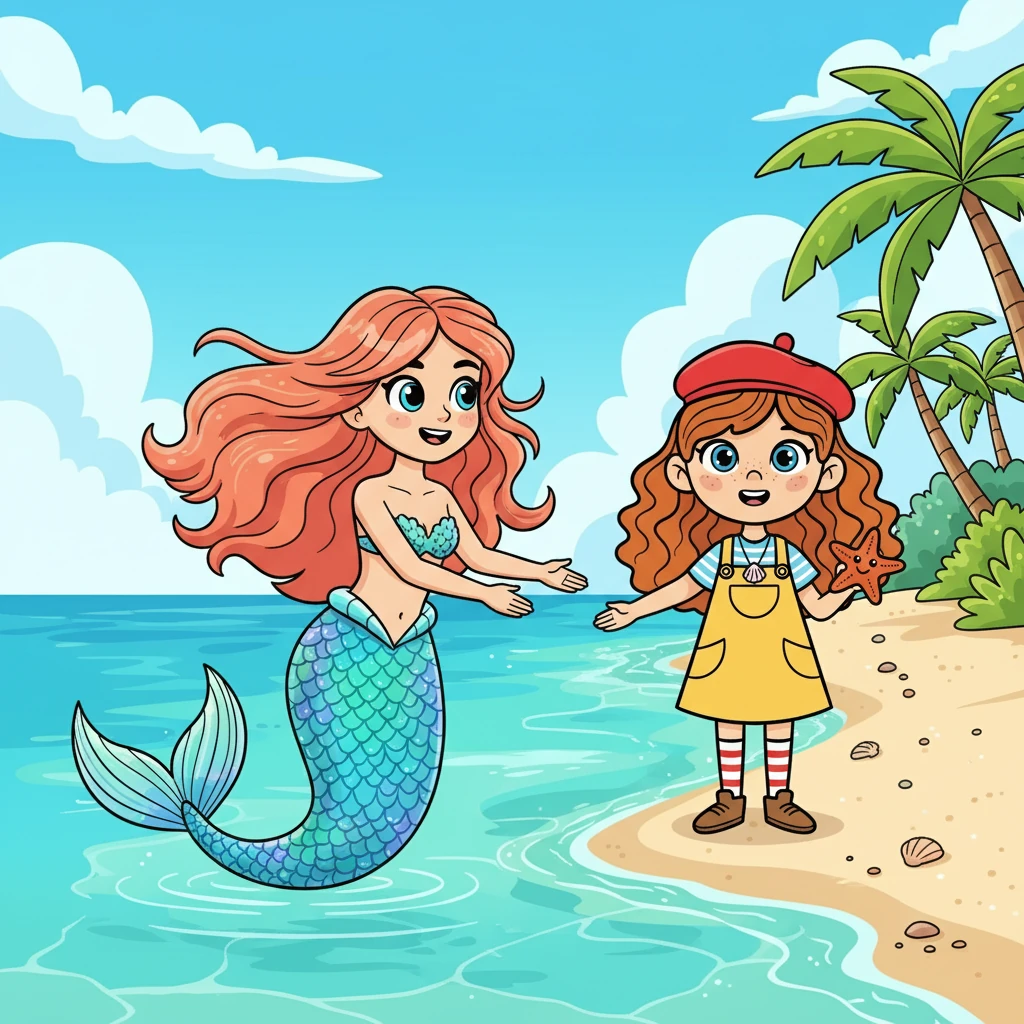 Soudain, une magnifique sirène apparut dans l'eau turquoise. C'était Élodie, avec ses longs cheveux couleur corail et sa queue scintillante. Elle sourit à Nejoua, les yeux brillants de joie, et lui fit signe de la rejoindre.