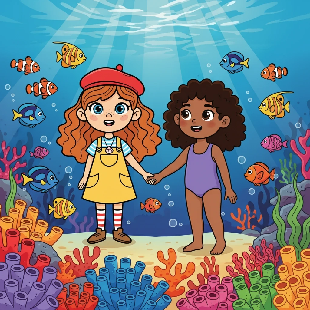 Élodie emmena Nejoua vers un récif corallien vibrant de couleurs. Des poissons multicolores nageaient autour d'elles, et les rayons du soleil illuminaient les fonds marins. Nejoua était émerveillée.