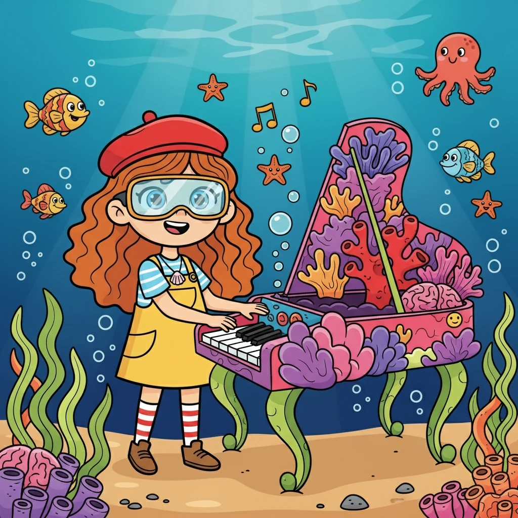 Cette année, Élodie avait préparé une surprise spéciale : un piano sous-marin composé d'anémones, d'algues et de coraux. Nejoua, qui adorait le piano, était aux anges. Elle commença à jouer une mélodie joyeuse.