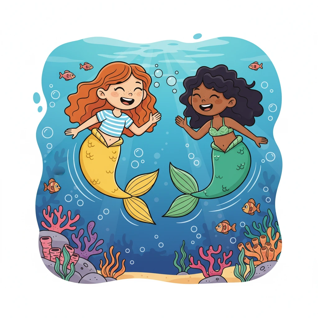 Elles tentèrent le 'mermaid waves', la nage des sirènes. Élodie montra à Nejoua comment bouger sa queue pour fendre l'eau avec grâce et vitesse. Elles rirent et s'amusèrent beaucoup.