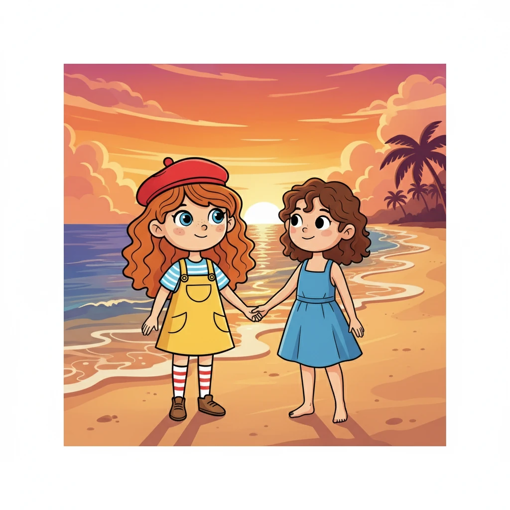 De retour sur la plage, le soleil se couchait, peignant le ciel de couleurs chaudes. Nejoua et Élodie se promirent de se retrouver l'année suivante.  Nejoua, le cœur rempli de bonheur, savait qu'elle avait une amie pour toujours.