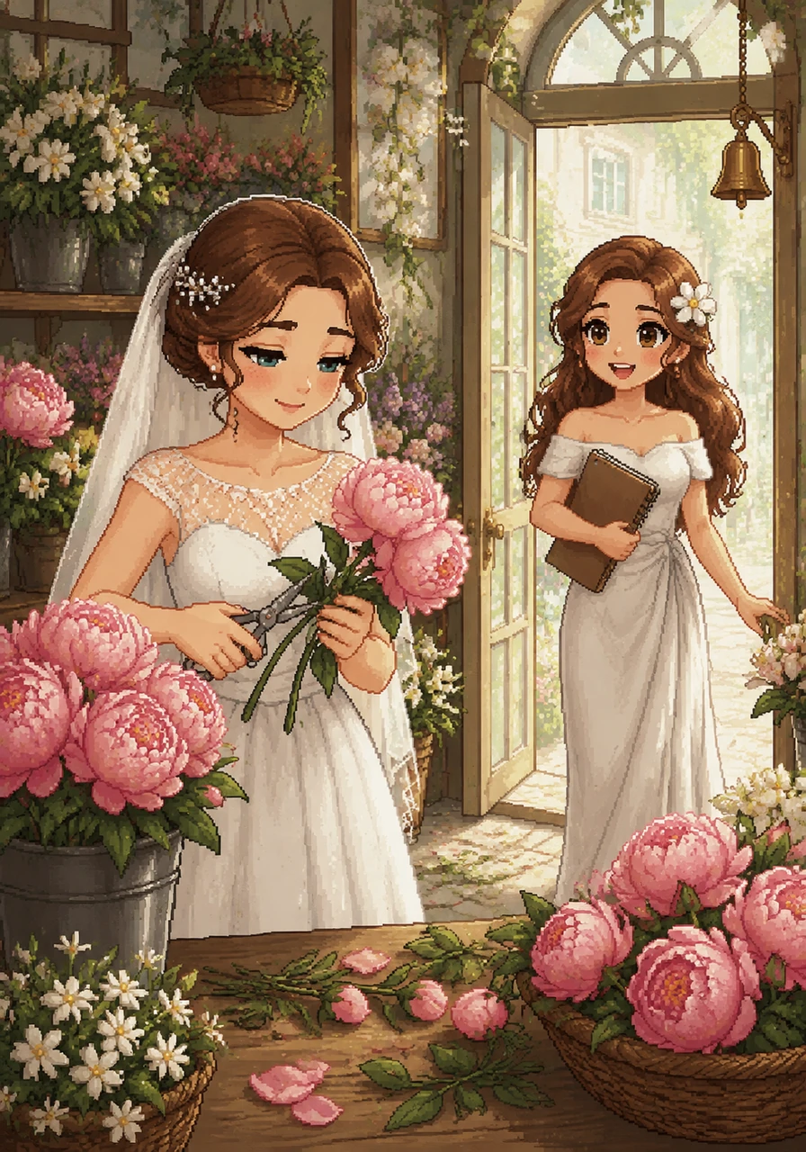 Clara carefully trims the stems of fresh peonies in her sunlit flower shop, the air thick with the scent of jasmine. The bell chimes as Elara enters, her sketchbook tucked under her arm and a curious sparkle in her eyes as she looks for inspiration.