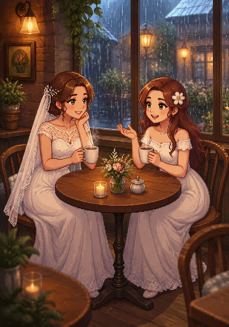 They sit at a small wooden table in a cozy cafe, steam rising from their mugs as a gentle rain taps against the window. Their conversation flows effortlessly, weaving together stories of their childhoods and their shared love for the vibrant colors of the world.