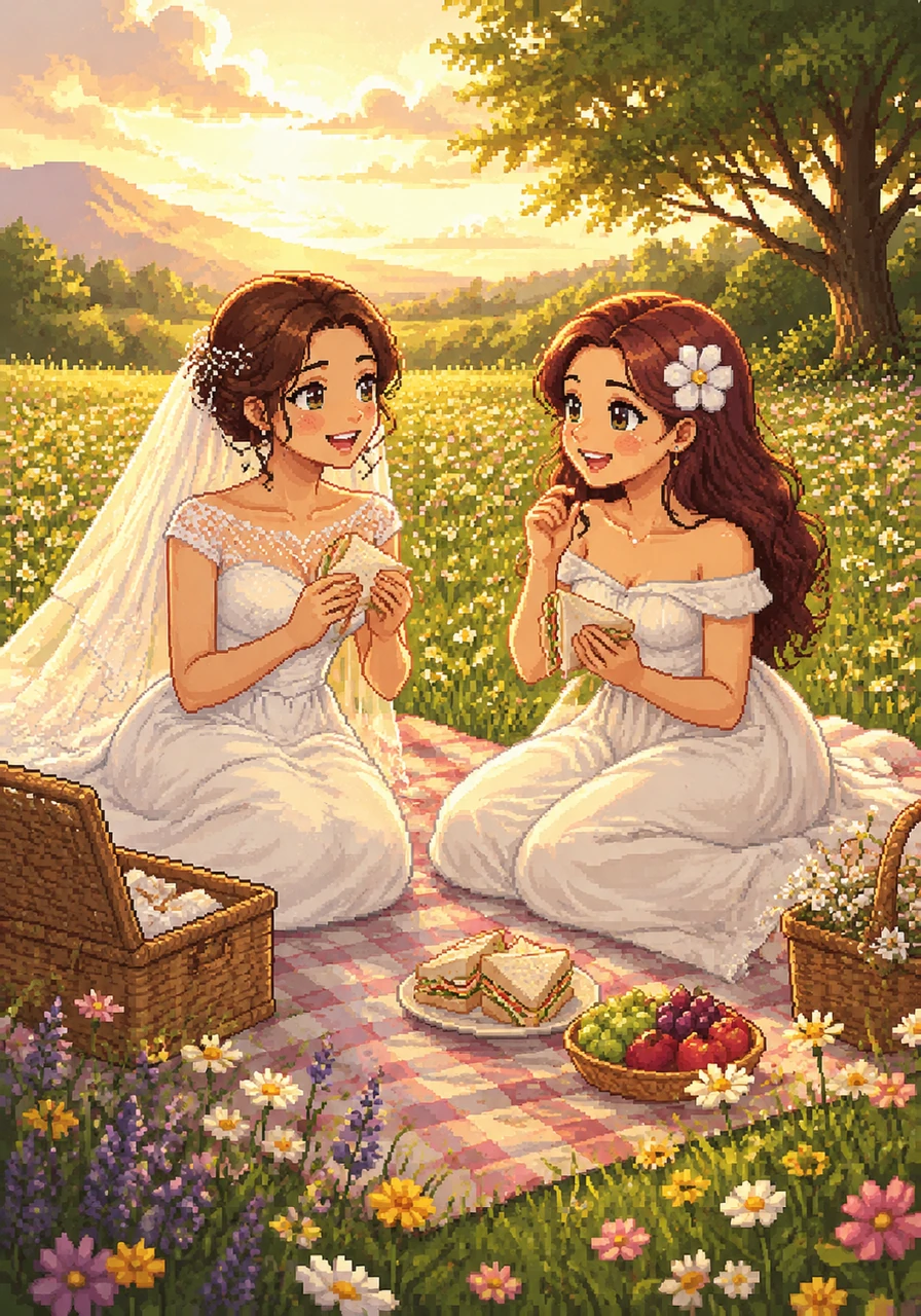 Under the golden glow of a summer afternoon, the two girls spread a checkered blanket across a meadow of wildflowers. They share sandwiches and secrets, their laughter echoing through the tall grass as they feel the first sparks of something deep and meaningful.