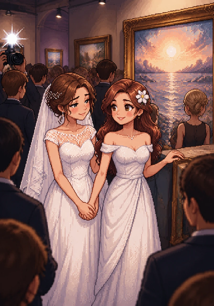 The gallery is filled with people, but Elara only has eyes for Clara, who stands proudly beside her most recent painting. Clara gently squeezes Elara's hand, offering a silent anchor of support and love amidst the bustling crowd and flashing cameras.