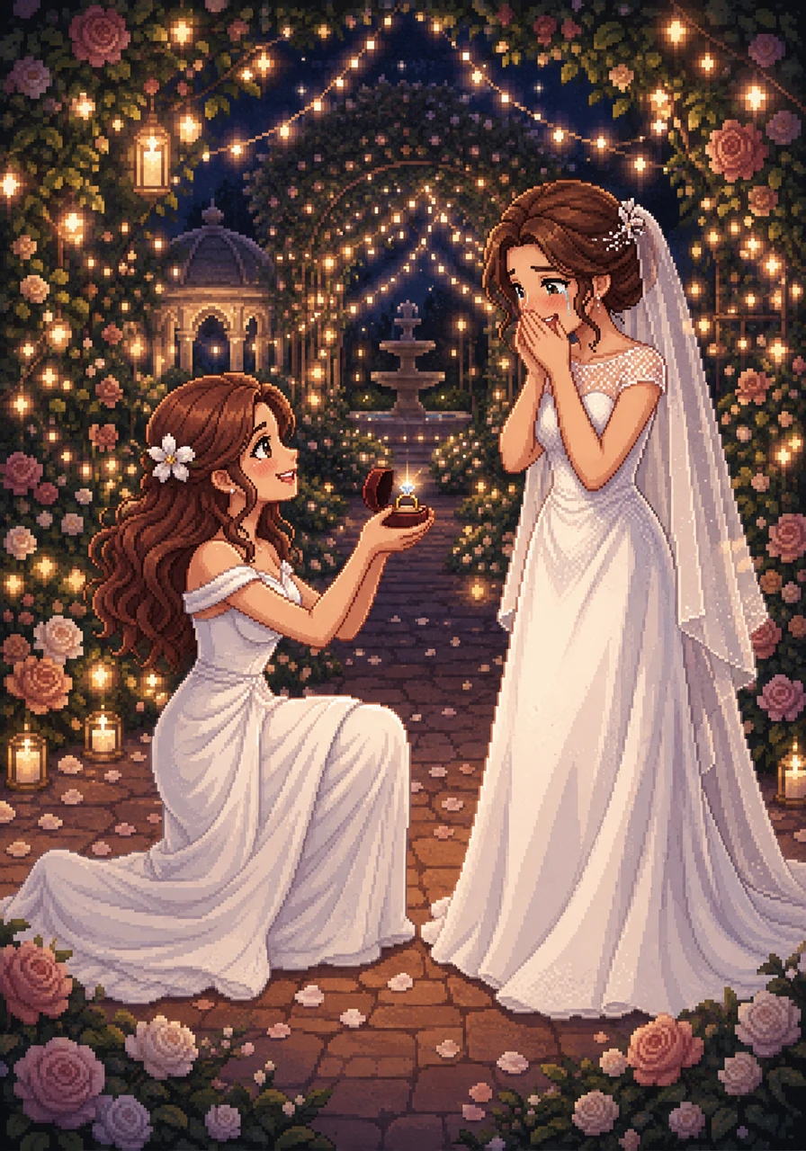 A secret garden is transformed into a wonderland of twinkling fairy lights and soft music for their anniversary. Elara drops to one knee, holding a ring that catches the light, and asks the question that will change their lives forever as tears of joy well in Clara's eyes.