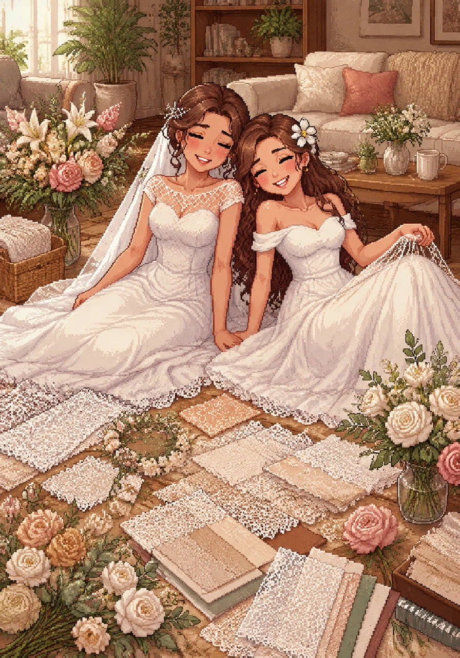 Their living room floor is covered in lace samples, floral arrangements, and handwritten guest lists. They lean against each other, exhausted but beaming with excitement as they design a celebration that reflects the unique beauty of their bond.